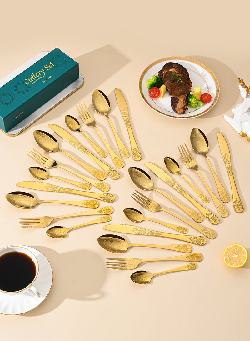 SUNHOME 24-Piece Gold Stainless Steel Cutlery Set, Luxury Floral Pattern Flatware Set for 6 Person, Mirror Polished Food Grade Tableware, Ideal for Home Kitchen, Party and Eid Gift - Image 2